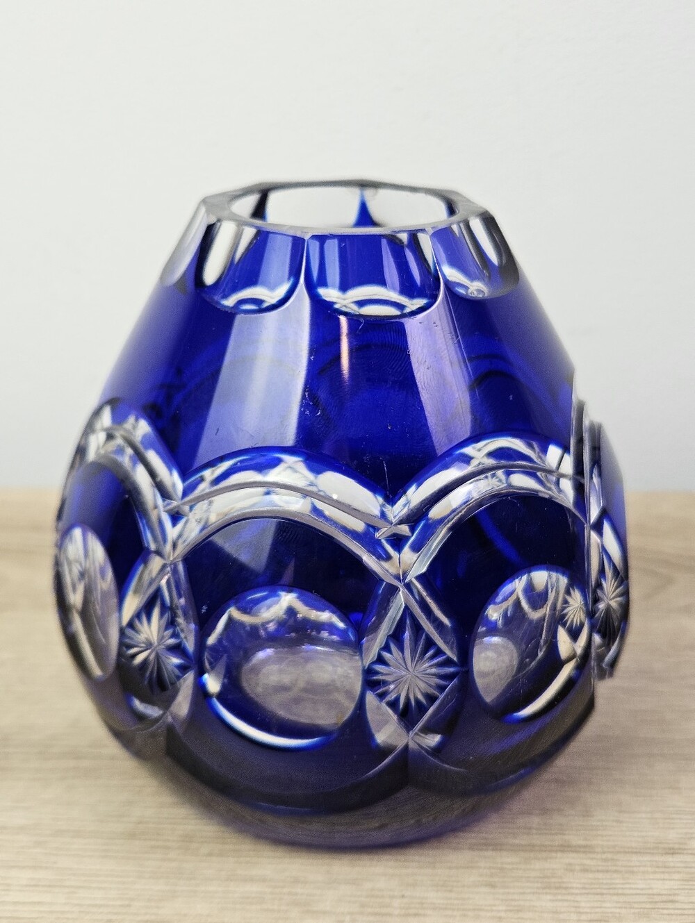 Bohemian Cobalt Blue Cut Crystal Bulbous Vase 4" Heavy Hand Cut Glass